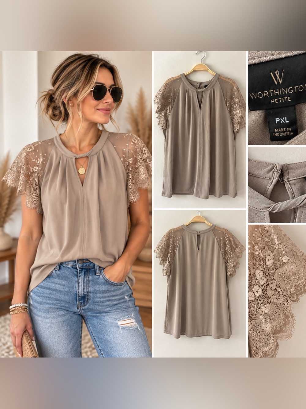 Worthington Taupe Lace-Sleeve Keyhole Blouse